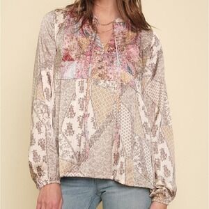 Mystree Mixed Print Patchwork Boho Blouse Top Women L Salmon Berry Quilt